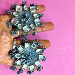 Oxidised Black Polised Kundan Ghungroo Adjustable Ring